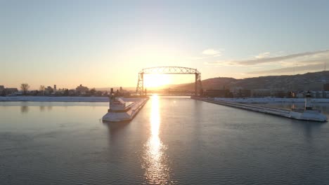 winter sunset, light house in superior wisconsin