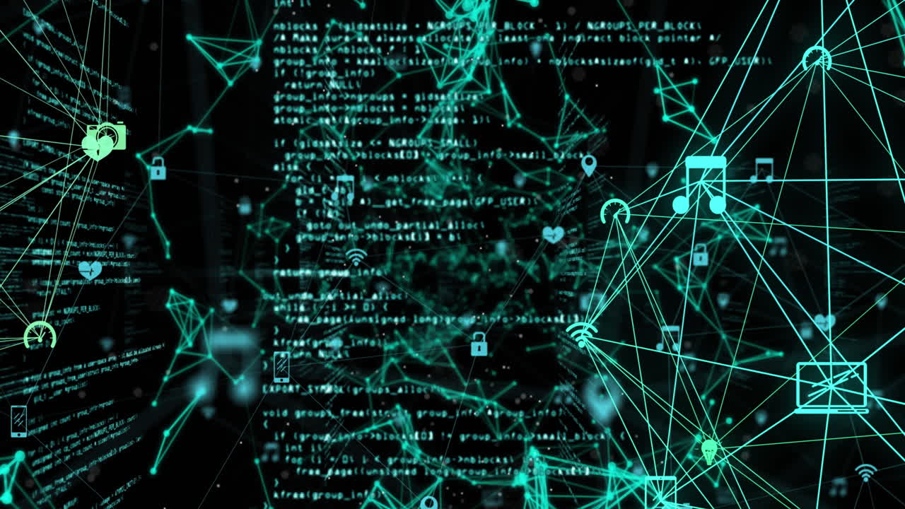 Animation of interface showing network of connected media icons and information on black