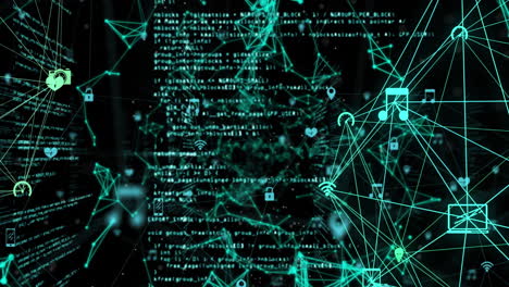 animation of interface showing network of connected media icons and information on black
