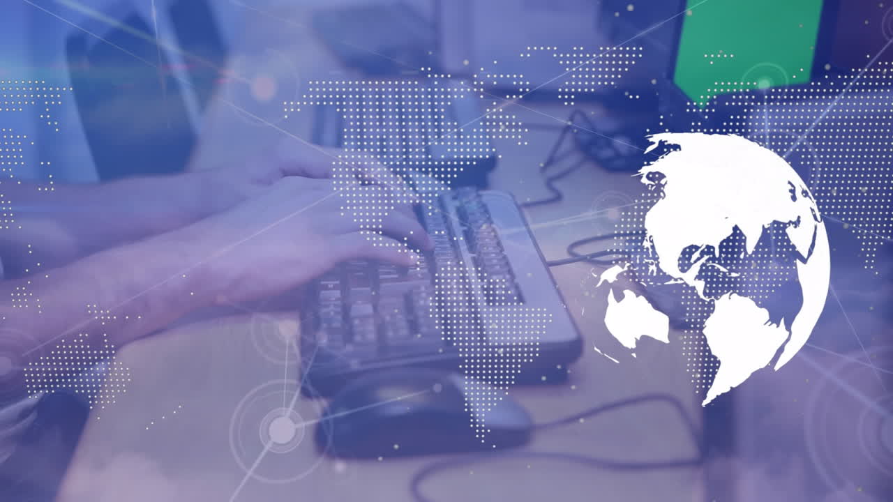 animación del mapa del mundo y el globo sobre las manos usando computadora