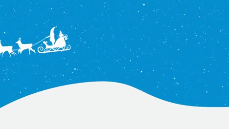 Animation-of-snow-falling-over-santa-claus-in-sleigh-with-reindeer-on-blue-and-white