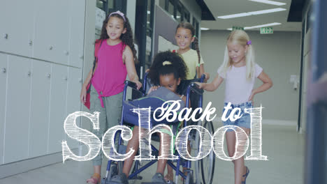 animation of back to school text over happy diverse school kids and schoolgirl in wheelchair