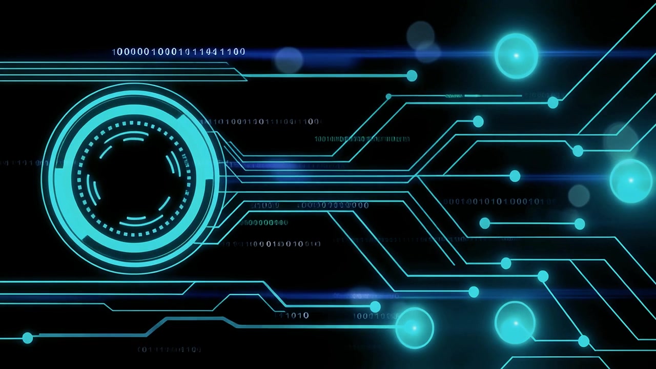 Futuristic Digital Circuit Board with Glowing Data and Binary Code