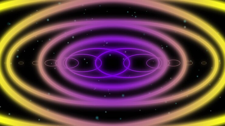 Animação de padrão néon roxo e amarelo em movimento hipnótico em loop contínuo.