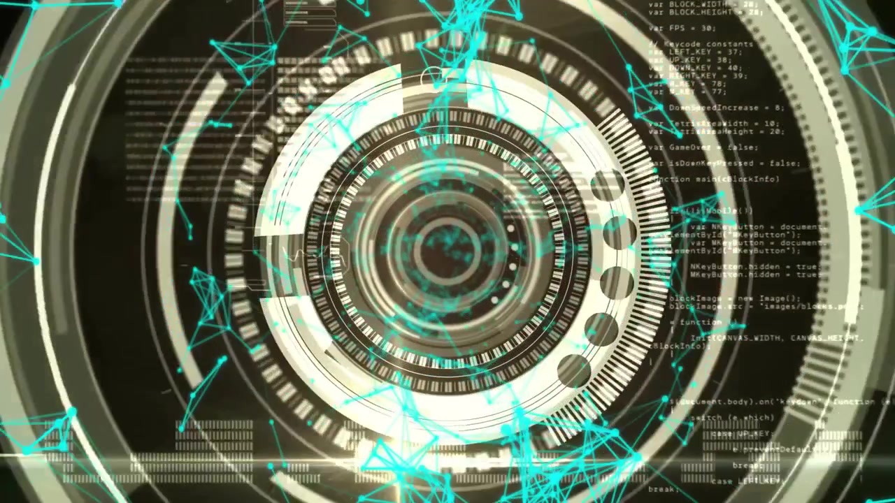 Animated holographic HUD initiating rotating rings while network pulsing visualizing data flow