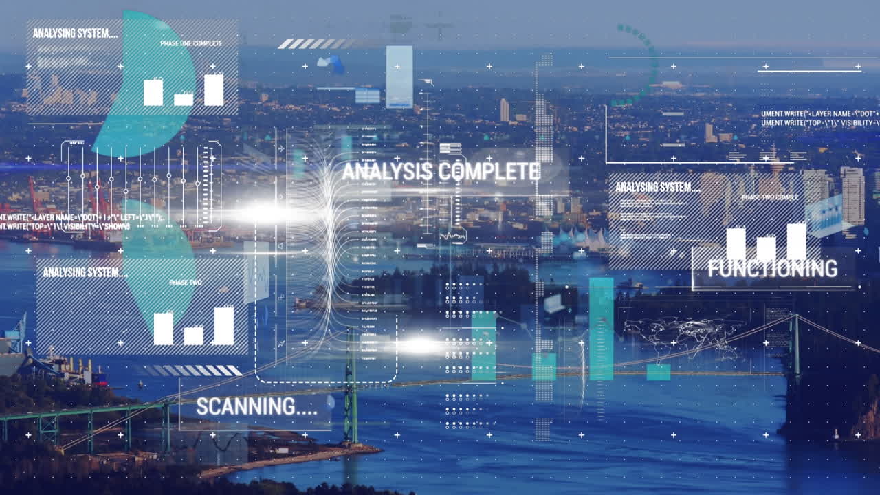 Animation of digital screen with diverse data and graphs processing over cityscape
