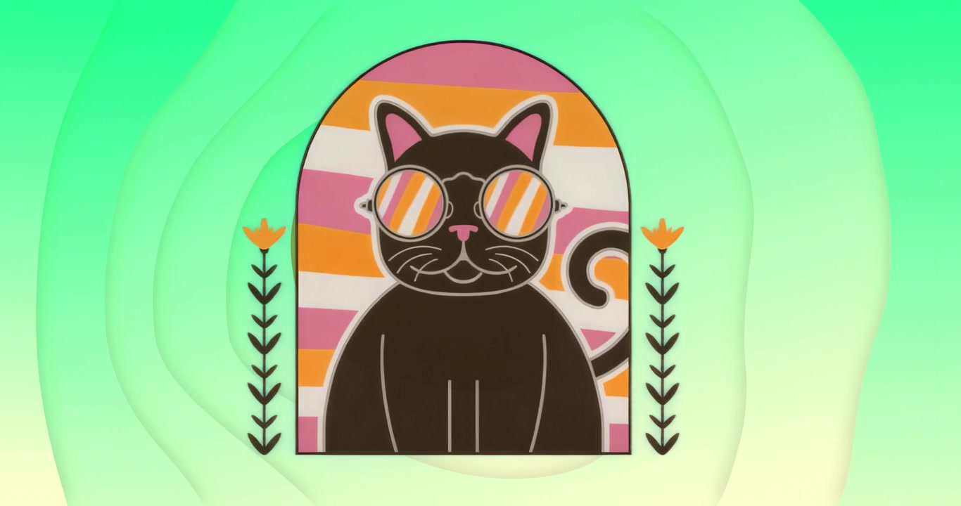 Ondas verdes pulsando ao redor de um arco com um gato usando óculos de sol, uma forma 3D emergindo no nono segundo.