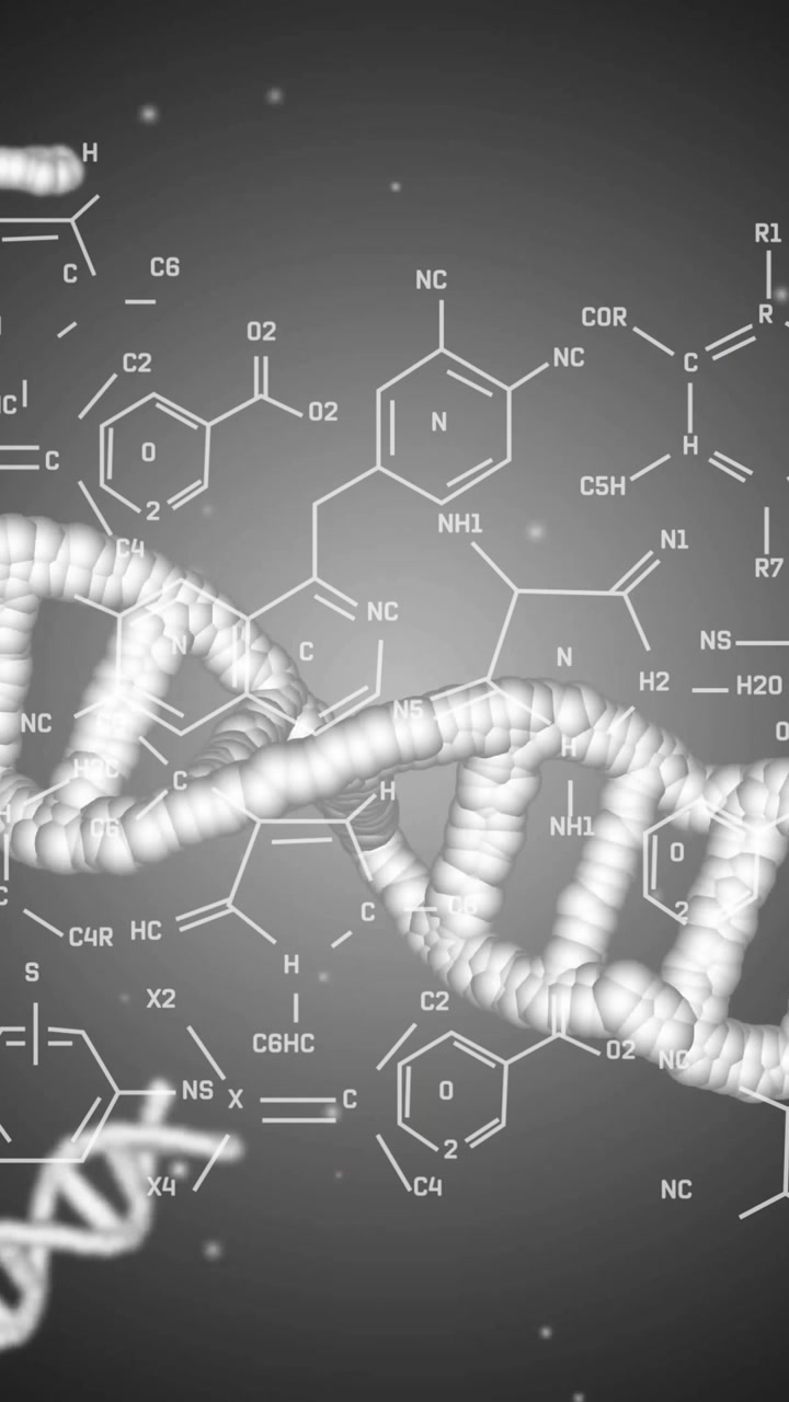 Animation of chemical formula and dna strand on black background