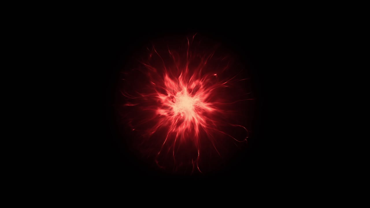 Glowing red energy sphere pulsates with electric tendrils against a black background. Abstract animation for sci-fi power or mystical effects