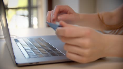 close up shot of young woman hold credit card use notebook computer typing number payments at home or office.