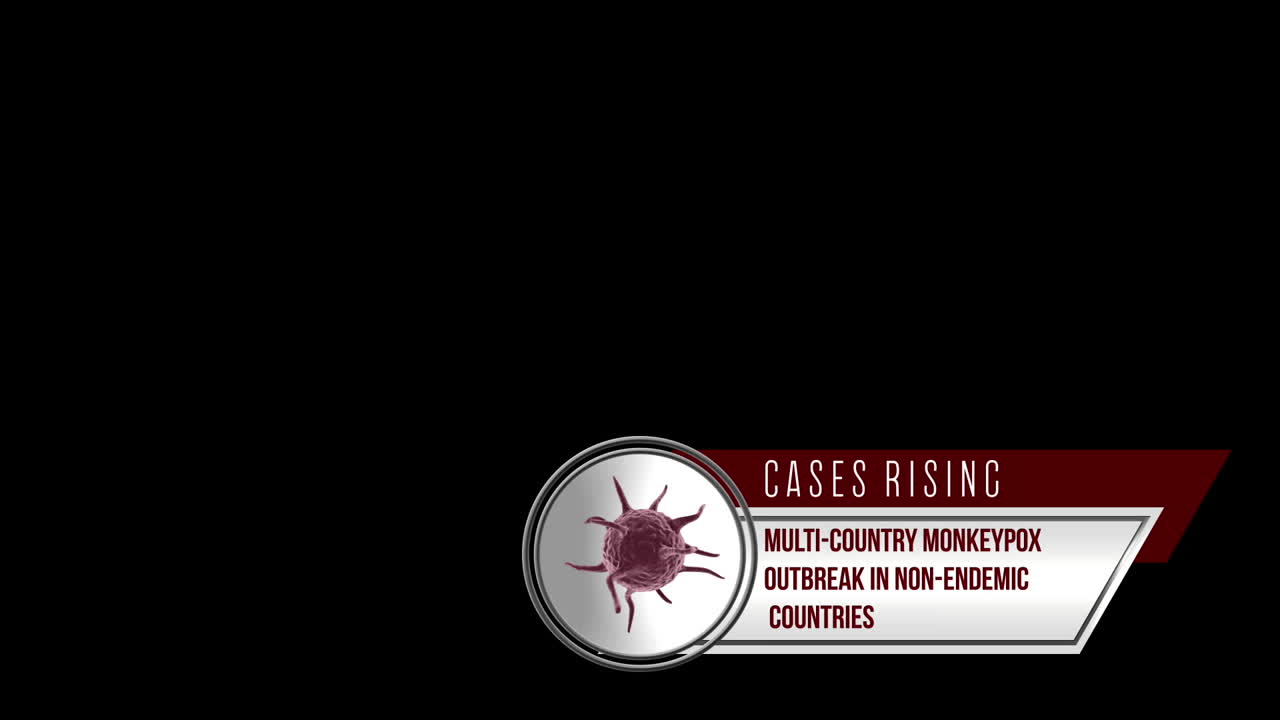 Animation of monkeypox text and virus cell over black background