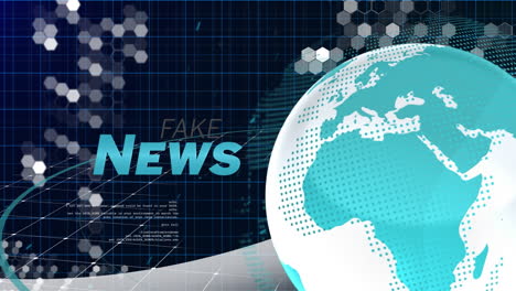 animation of fake news text, globe with network of connections