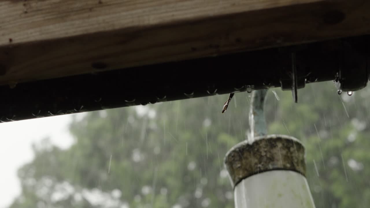 Heavy Rain Falling on Rusty Old Light with Gutter Dripping and Trees Background