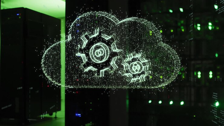 Animation of cloud with cogs over server room
