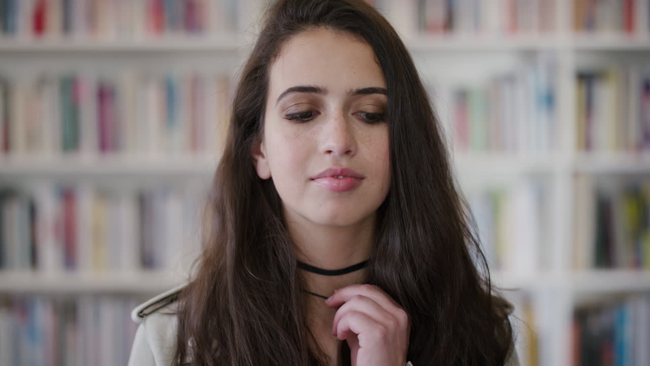 retrato de una hermosa joven estudiante que se prepara para una entrevista de reunión sonriendo feliz adolescente biblioteca librería fondo
