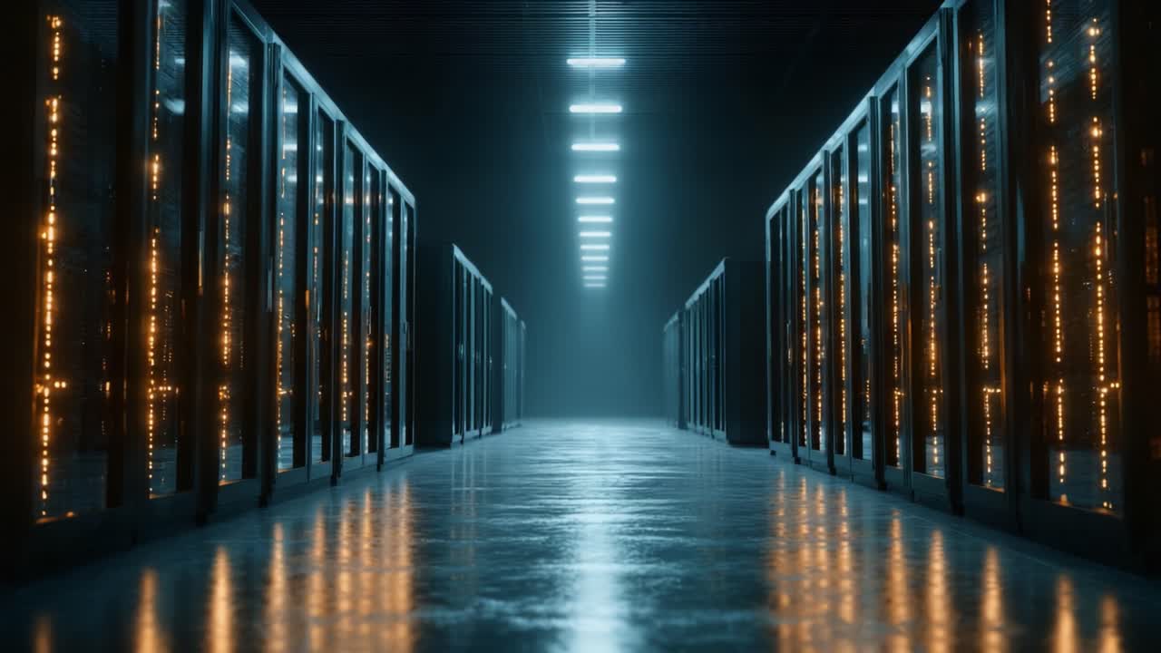 Et dybt perspektiv inde i et højteknologisk datacenter omgivet af serverracks, der skinner under skarpe LED-lys, hvilket skaber en atmosfære af innovation og konnektivitet
