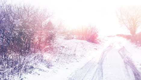 animation of snowflakes over winter landscape at christmas
