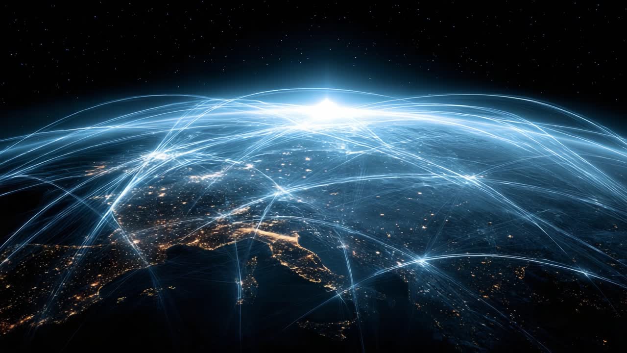 A Stunning View of Global Connectivity: Visualization of Earth Surrounded by Light Trails Representing Communication Networks and Technological Connections