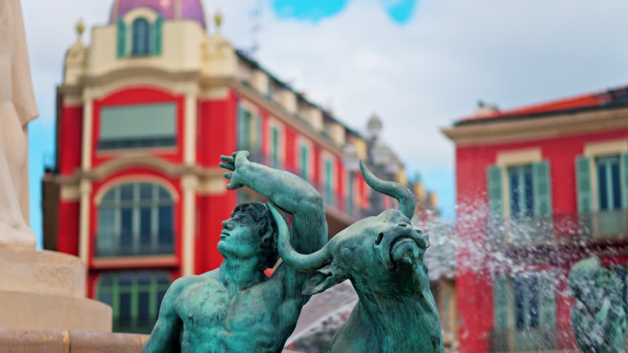 Nice, France - May 12, 2025: Close up of the Sun water fountain in the Massena Square in daylight