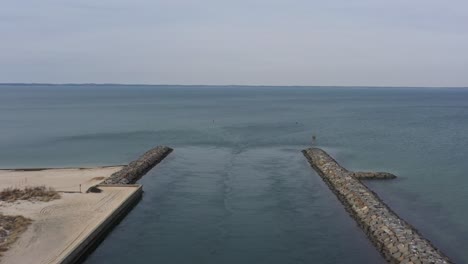 an aerial view over the shinnecock canal in hampton bays, long island, ny