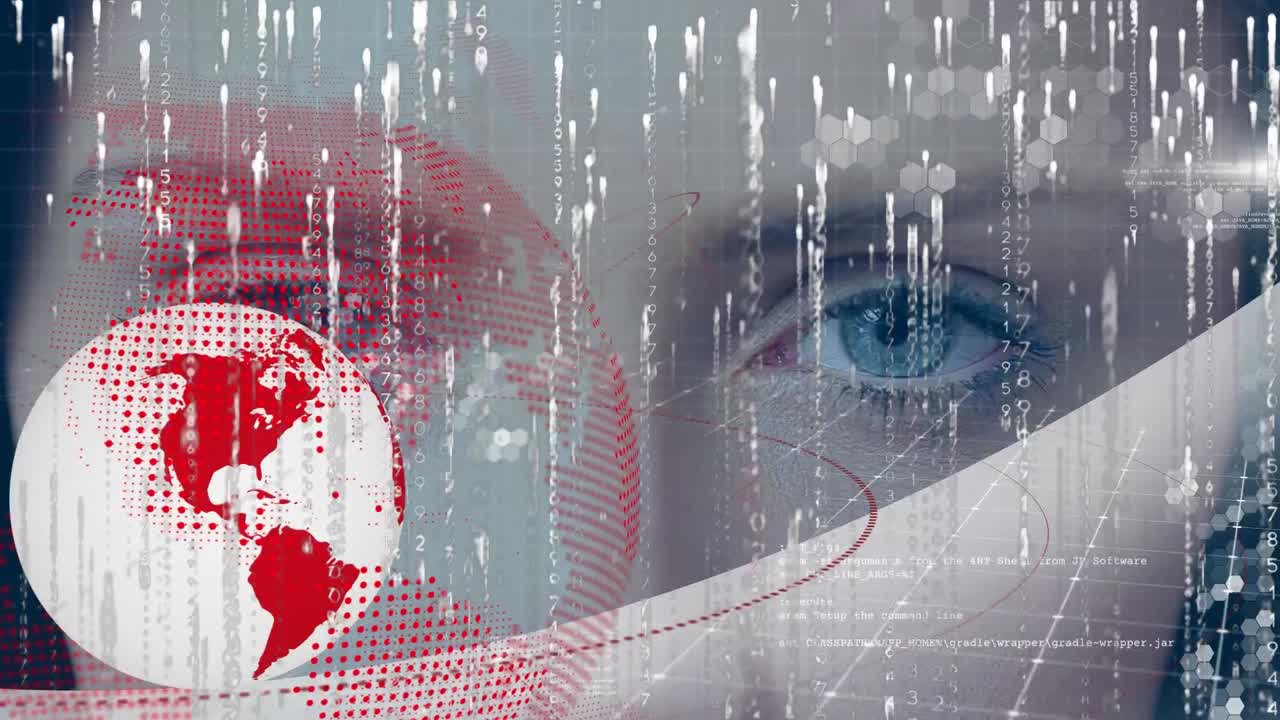 데이터 프로세싱의 애니메이션과 백인 여성의 눈 위의 지구