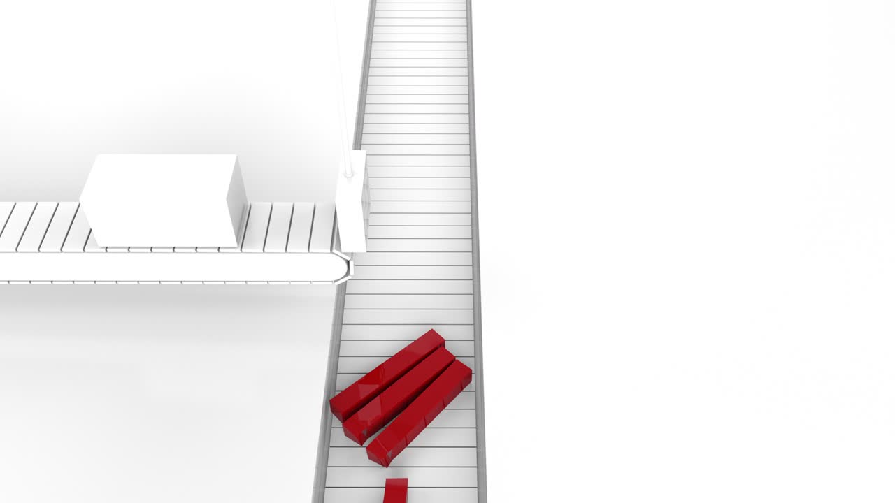 오버헤드 뷰 현대 백색 공장 슬라이서 컨베이어 벨트 생산 빨간 바 슬라이스 루프