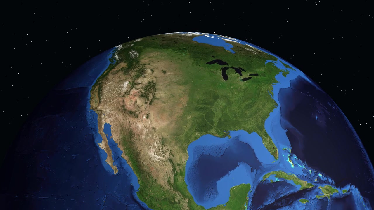Digital animation zooms from outer space into North America pinpointing Oklahoma City with text labels