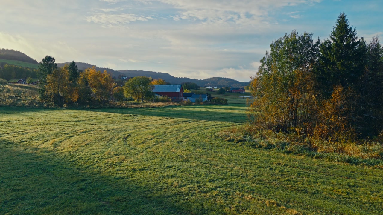 The Lush Green Field Stretches Towards the Rolling Hills, With Scattered Farmhouses Nestled Among Trees - Drone Flying Forward