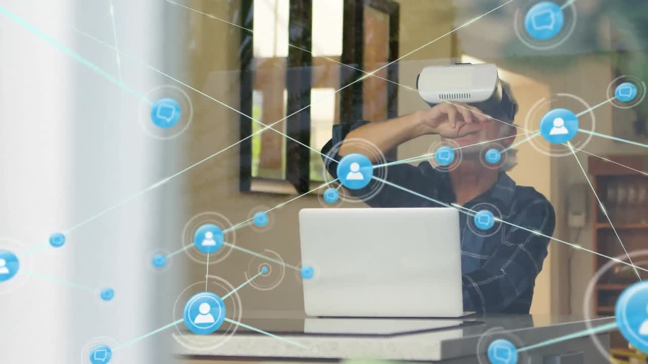 Animation af netværk af forbindelser med ikoner over mand med VR-headset