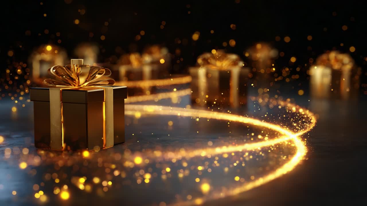 Uma exibição festiva de caixas de presente douradas cercadas por luzes cintilantes, criando uma atmosfera mágica perfeita para celebrações e ocasiões especiais, capturando a essência da alegria e da generosidade.