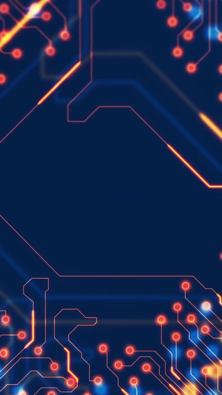 Animazione di una rete di connessioni luminose su un circuito stampato su sfondo nero.