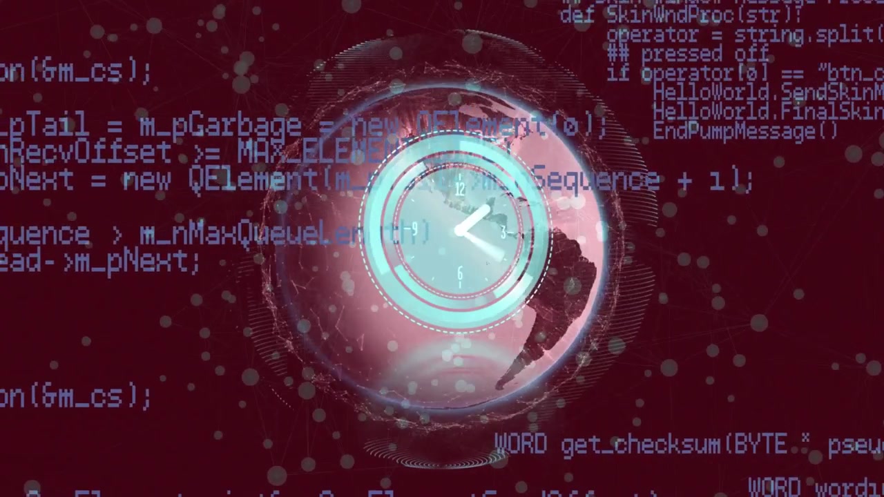 Animation of clock and data processing over dark background