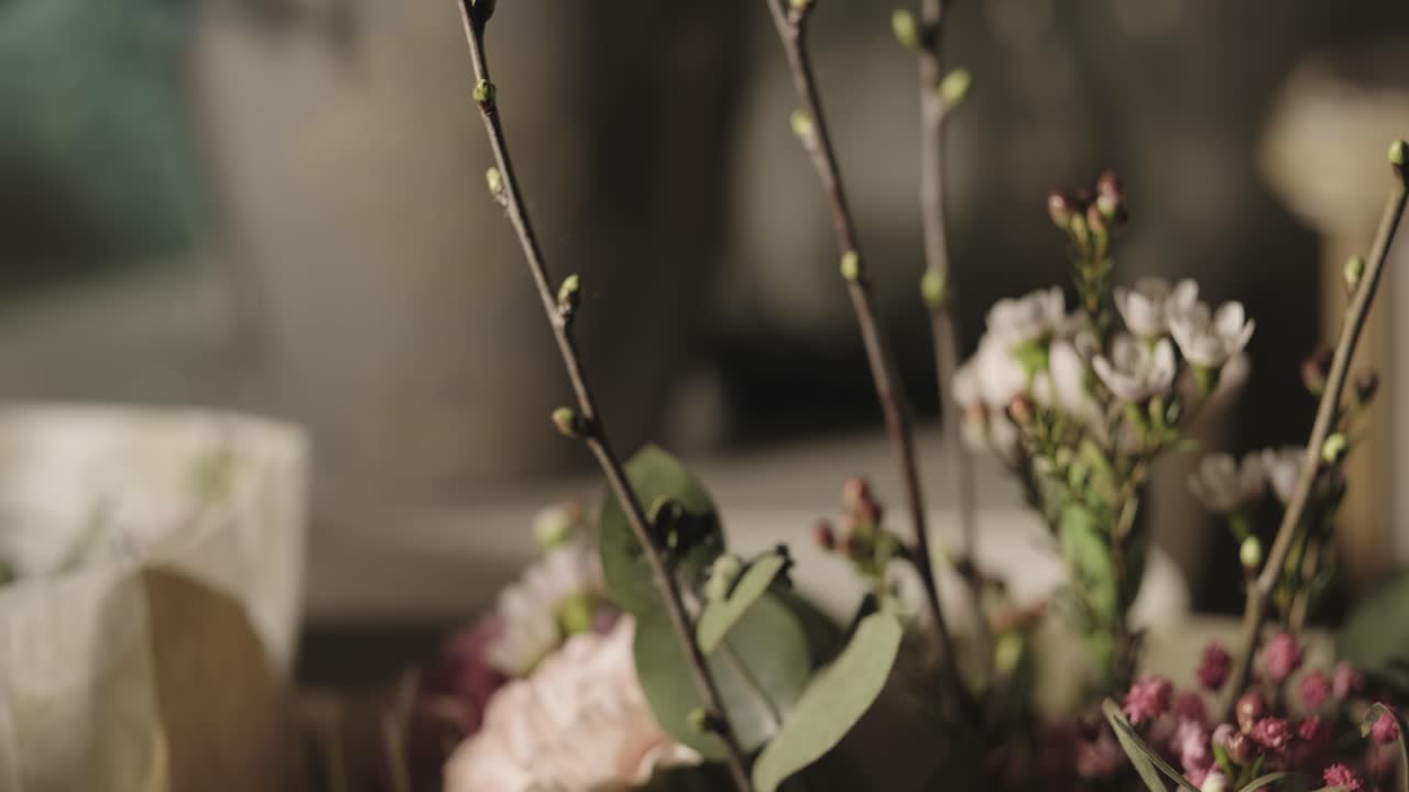 Closeup Of Colourful Flower Arrangements In A Florist Workshop.