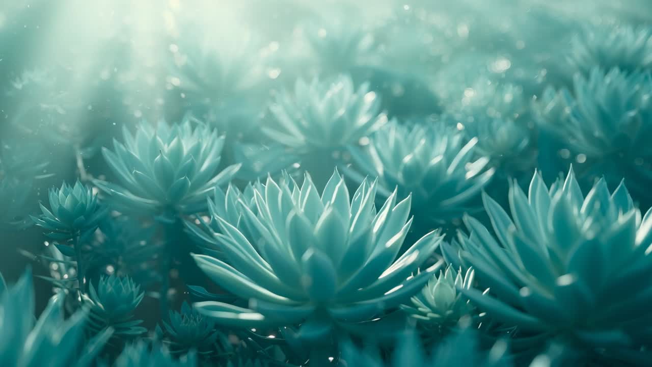 Filtering morning sunbeams, camera shifting focus over teal succulent rosettes with dew droplets