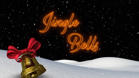 animation of jingle bells text over bell, snow falling and winter landscape at christmas