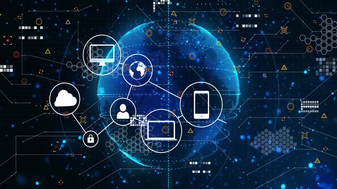 Rotating holographic Earth sparking cloud icon padlock and user linking devices to secure network