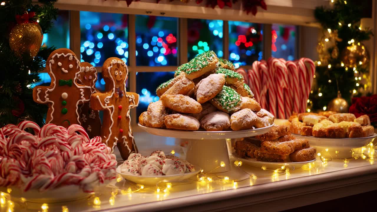 A Festive Display of Holiday Treats Featuring Gingerbread Cookies, Colorful Frosted Donuts, Candy Canes, and a Variety of Sweet Delights Photographed Against a Sparkling Holiday Backdrop