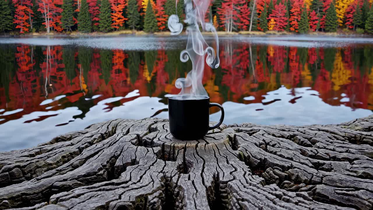 A steaming mug on a textured tree stump by a lake with vibrant autumn trees