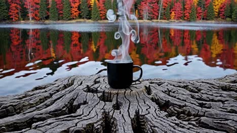 a steaming mug on a textured tree stump by a lake with vibrant autumn trees