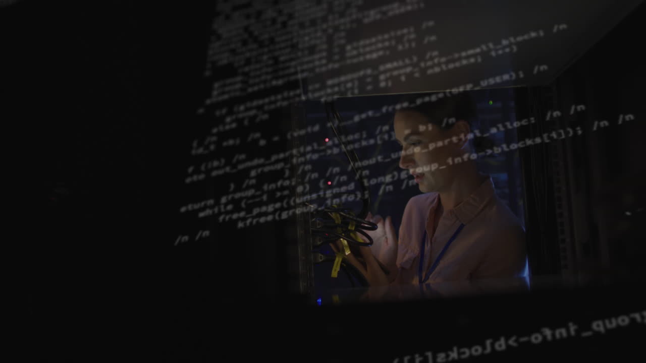 Animation of data processing over caucasian female worker in server room