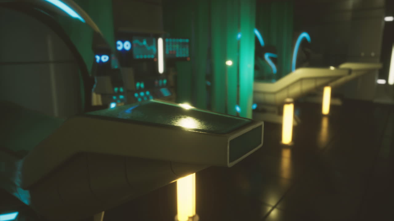 Inside a mars exploration facility advanced technology glows with neon lights