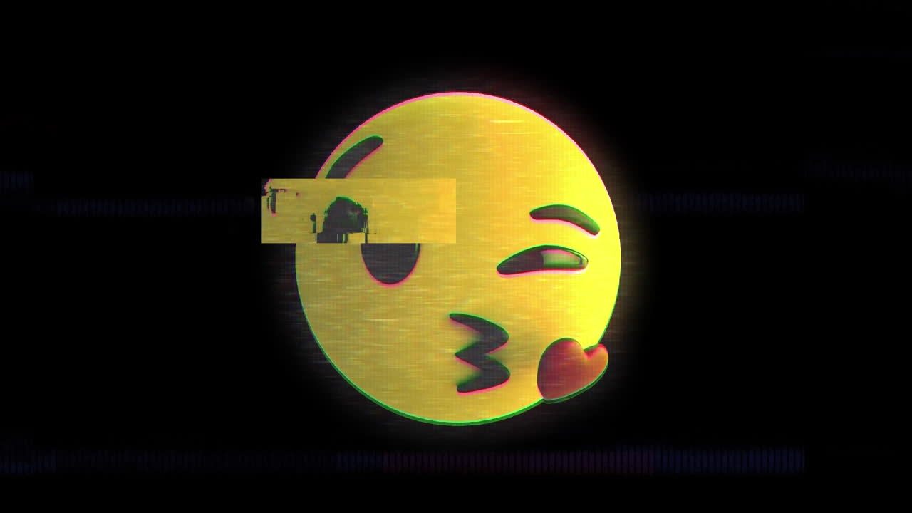Digital animation med glitch-effekt over en emoji, der sender et flyvekys, mod sort baggrund.