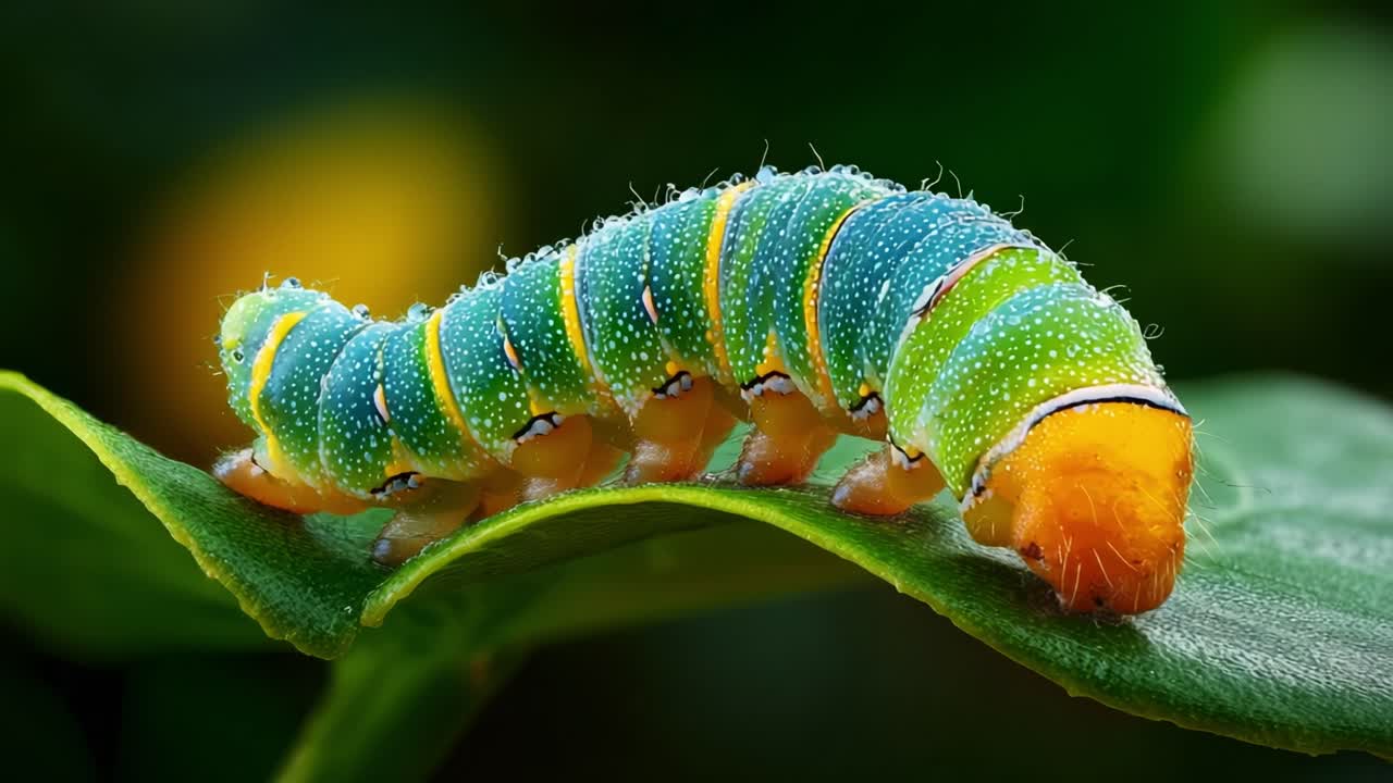 Close-up View of a Vibrantly Colored Caterpillar Resting on a Leaf, Showcasing Its Unique Patterns and Textures in a Naturally Lush Background