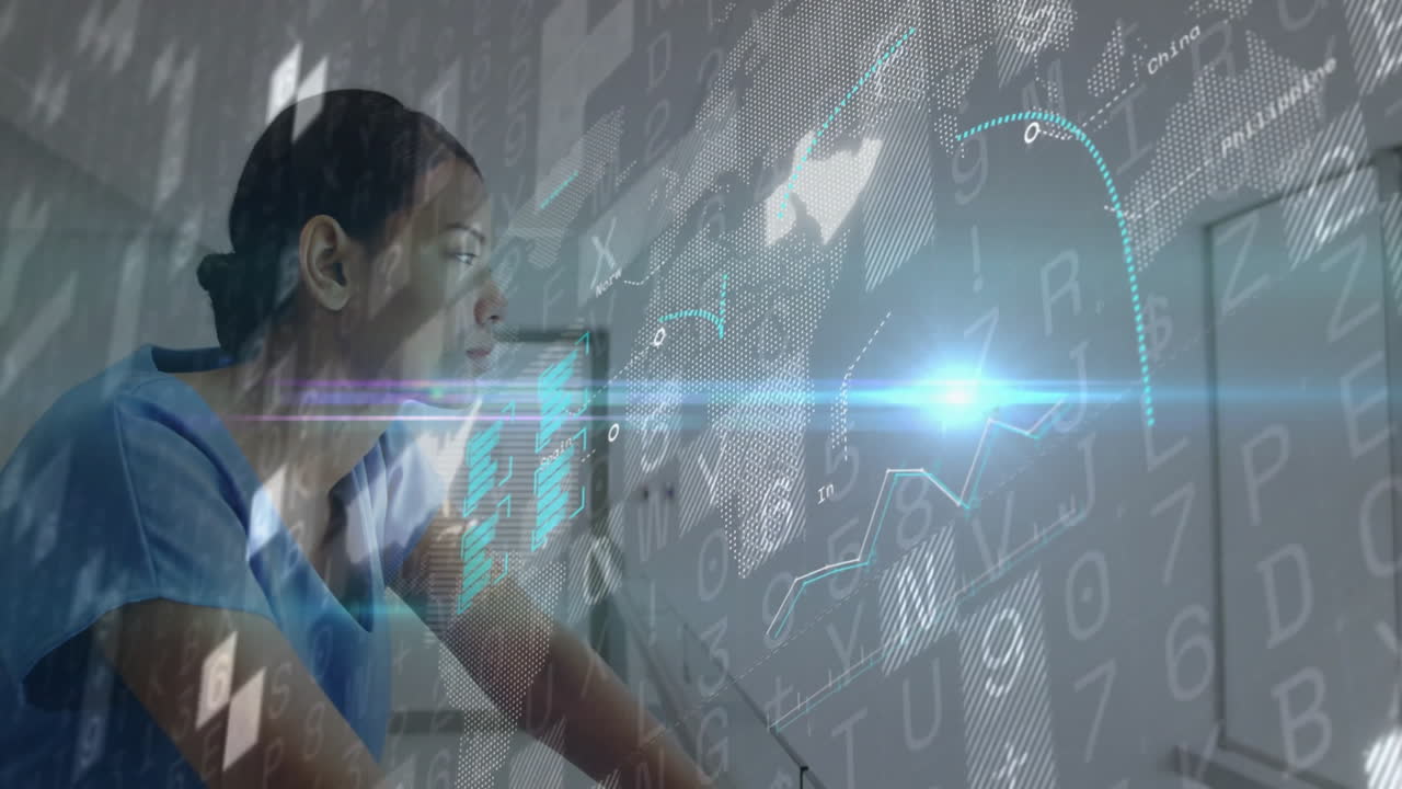 Female medical professional leaning over workstation viewing holographic graphs and world map data