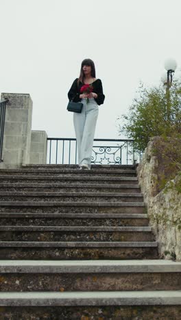woman going down the stairs outdoor in the small town with red flowers