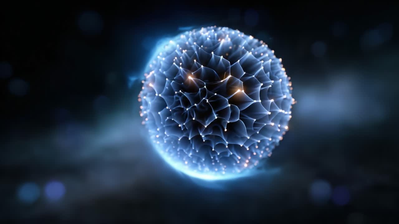 A Stunning Visualization of a Microscopic Sphere, Highlighting Intricate Network Patterns and Bright Connections in a Dynamic, Ethereal Environment