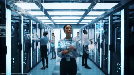 a group of professionals is engaged in monitoring and managing servers in a high-tech data center. they display efficiency and teamwork while utilizing various digital tools for their tasks.