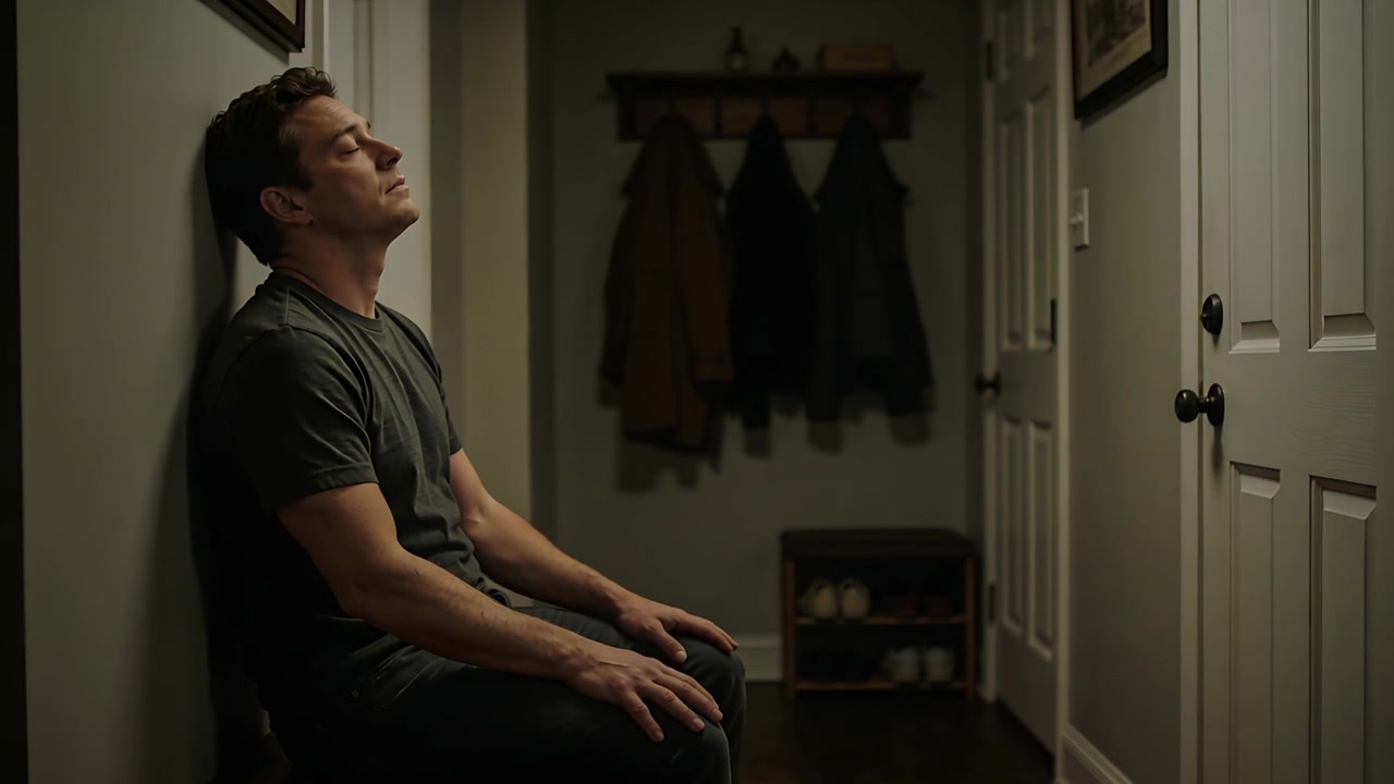 Pausing man leaning back and closing eyes on bench in hallway, wearing grey T-shirt, copy space
