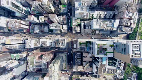 central hong kong, top down aerial view of traffic and city skyscrapers