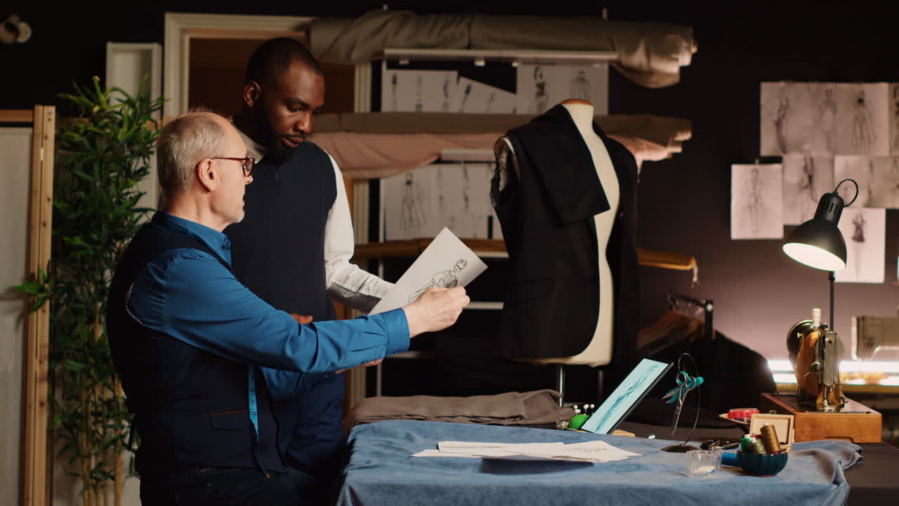 수석 맞춤사와 연습생이 스케치를 만드는 것